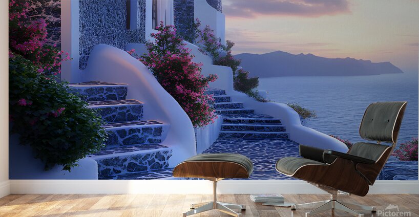 Beautiful Vintage Modern Blue Oil Painting of Santorini Wall Murals