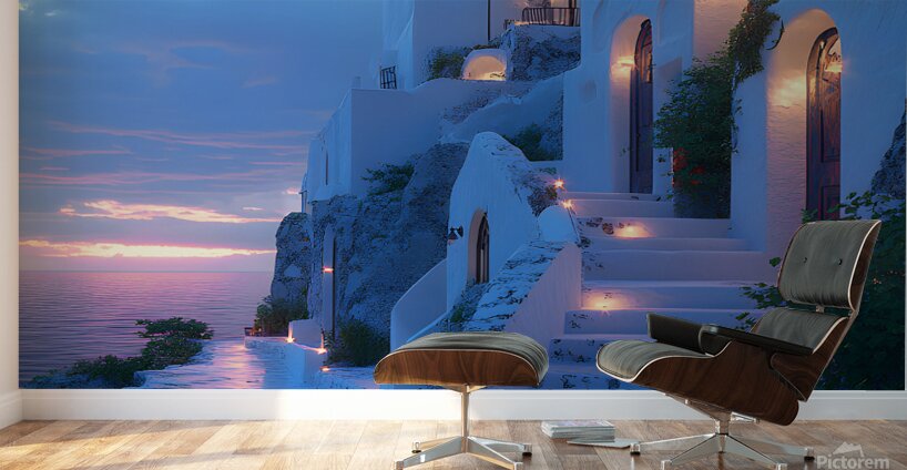 Beautiful Vintage Modern Blue Oil Painting of Santorini Wall Murals