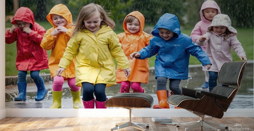 A Group of Children Playing in the Rain Jumping in Puddles Wall Murals