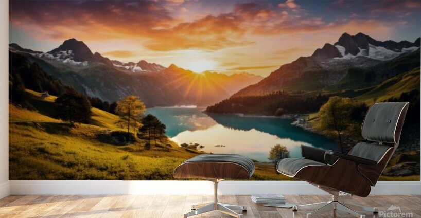  stunning mural depicting a breathtaking sunrise over a serene lake nestled in the mountains. Wall Murals