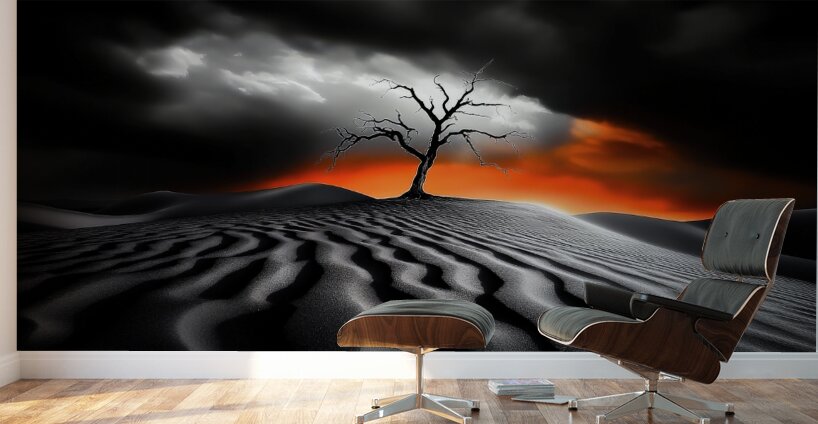Solitary Gnarled Tree Desert Golden Hour Storm Clouds Bright Orange Sunset High Contrast Fine Art Texture Contrast Wall Murals