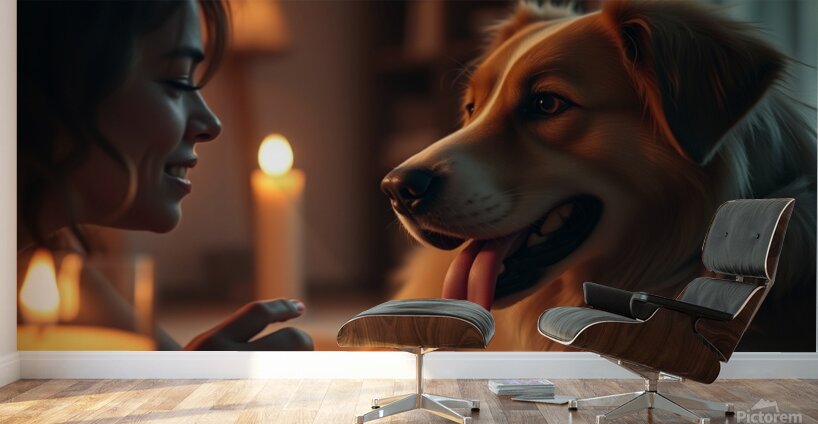 A cinematic still of a dog family scene with warm Wall Murals