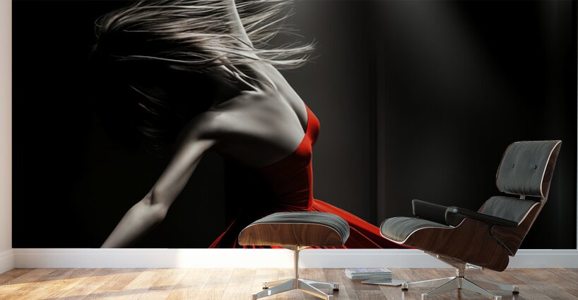 Fine Art High Contrast Photography Dancer Mid Leap Spotlight Red Color Accent Dramatic Movement Art Wall Murals