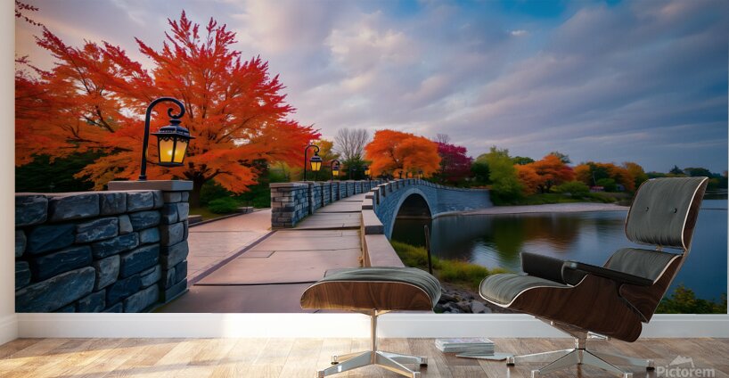 A Rustic Stone Bridge Illuminated by Lanterns Wall Murals