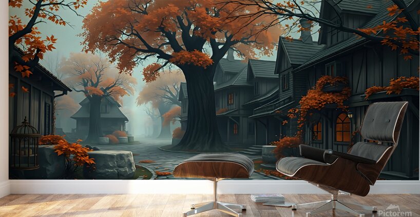 A Gloomy Fantasy Village Bathed in Golden Light.p Wall Murals