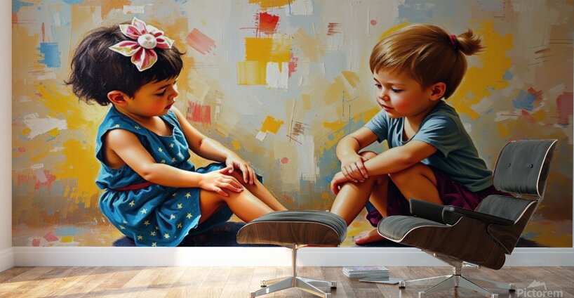 Oil painting depicting children playing rich text Wall Murals