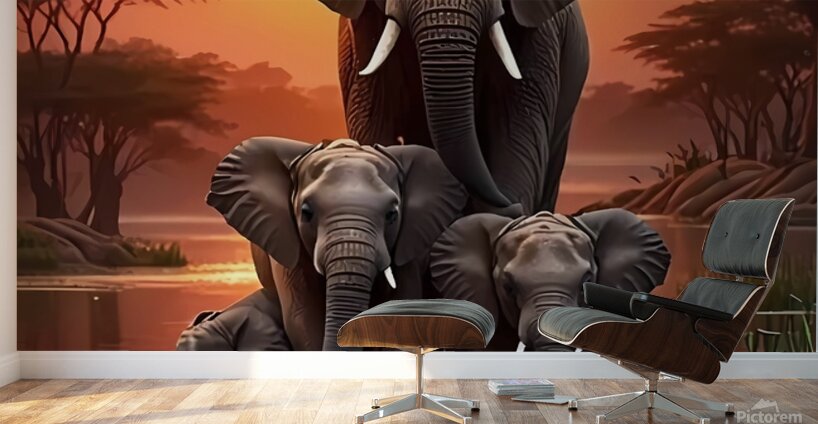 Playful Elephant Herd by the Riverbank Poster – Wall Murals