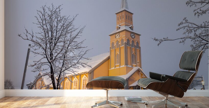 The Church of Tromso during the polar night Wall Murals