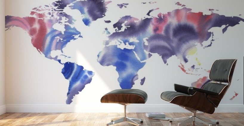 Watercolor Silhouette World Map Purple Blue Wall Murals