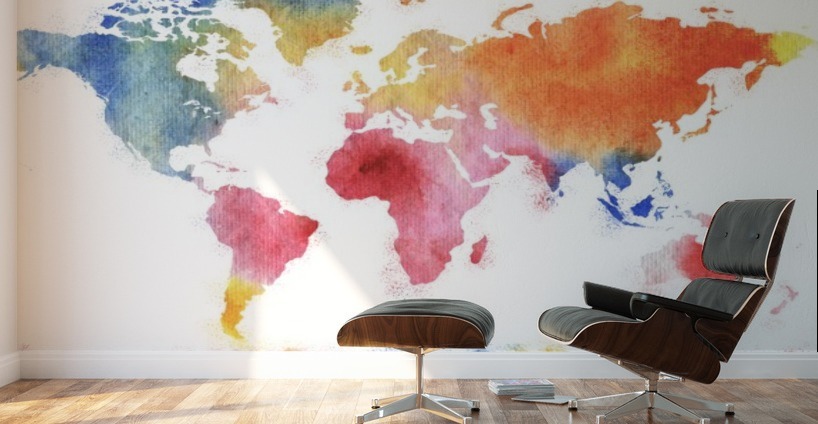 Watercolor Silhouette World Map Rainbow Sea Wall Murals