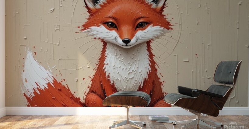A striking minimalist impasto painting of a cute fox. Wall Murals
