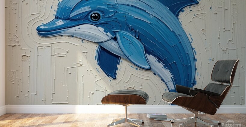 A striking minimalist impasto painting of a cute dolphin. Wall Murals