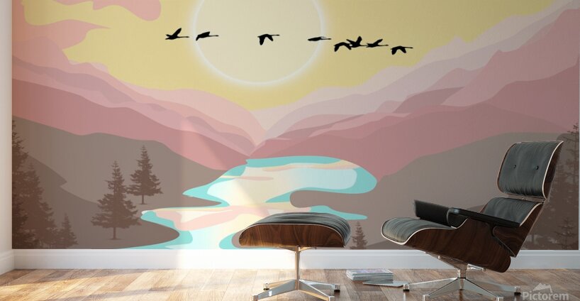 nature mountain birds river sunset Wall Murals