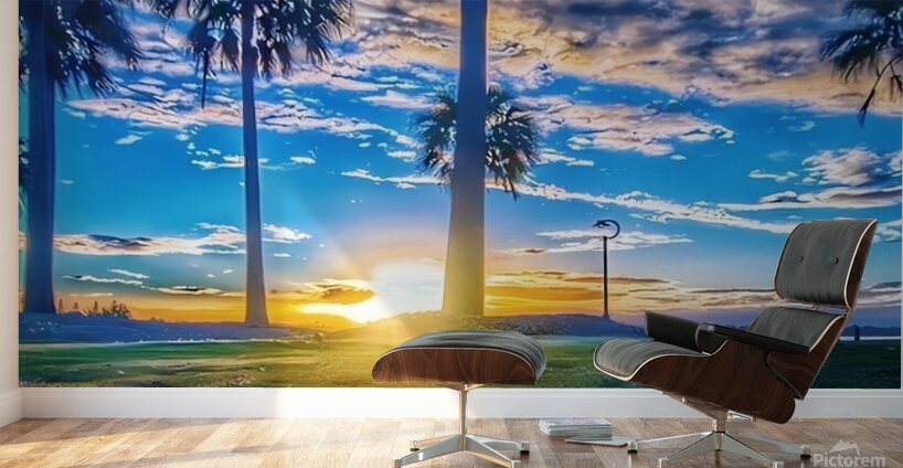 Golden Sunset Reflection – Tropical Palm Trees and Tranquil Waters Wall Murals