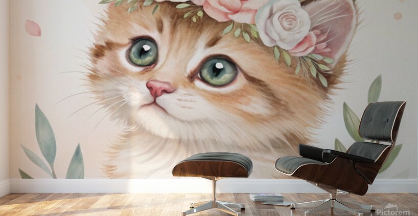 Watercolor Kitten with Floral Crown – Soft & Dreamy Nursery Art Print Wall Murals