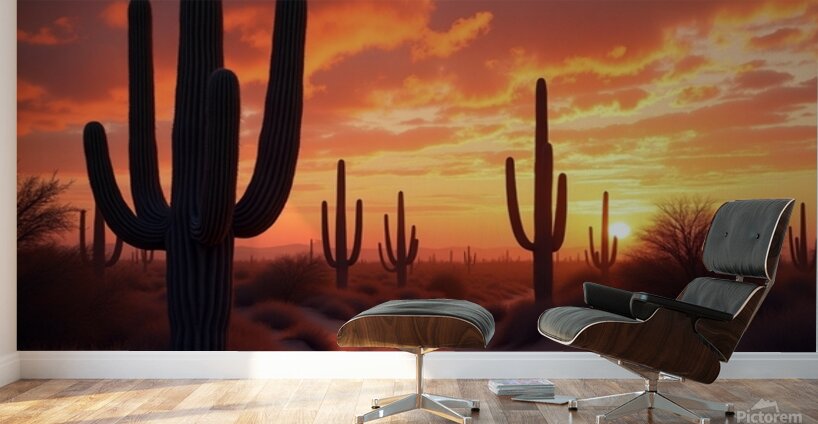 Cactus Sunset Trail – Desert Glow at Golden Hour Wall Murals