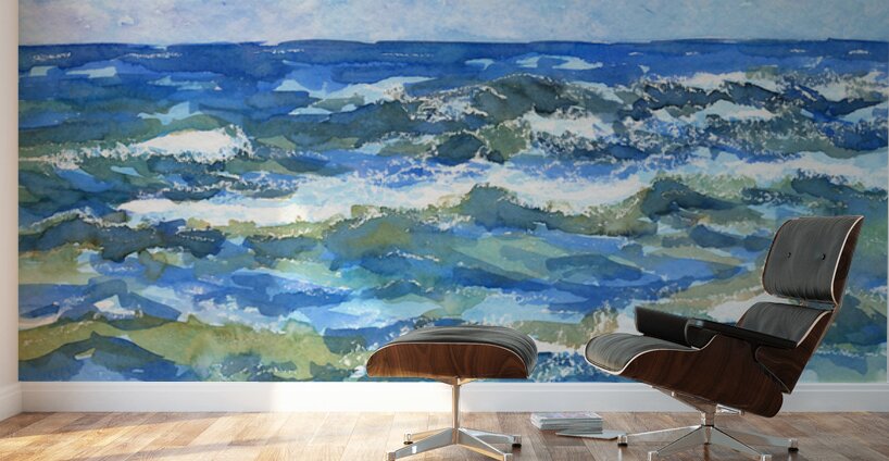 Blue ocean waves watercolor painting Wall Murals