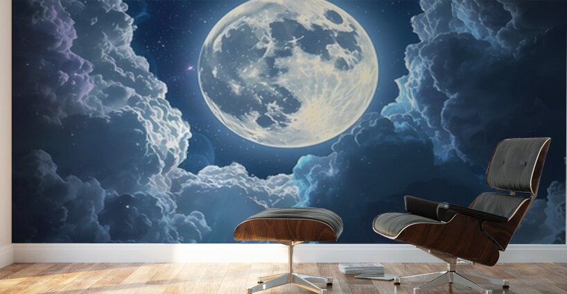 The Magical Moon Among the Clouds – A Fantasy Night Scene That Sparks the Imagination Wall Murals