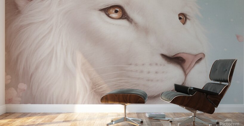 Majestic White Lion in Cherry Blossom Dream 1 Wall Murals