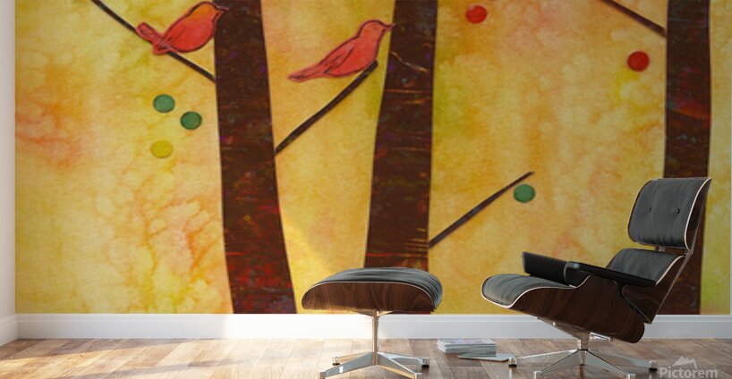 Birds in an autumn forest paper collage Impression murale