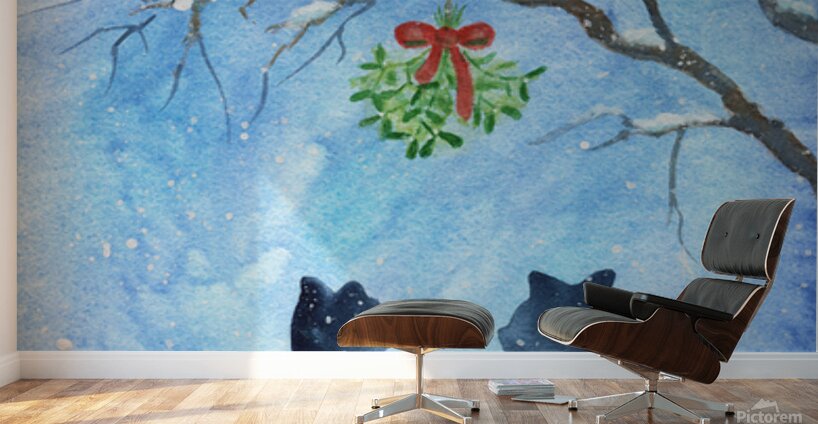 Two cats meet under the mistletoe Wall Murals