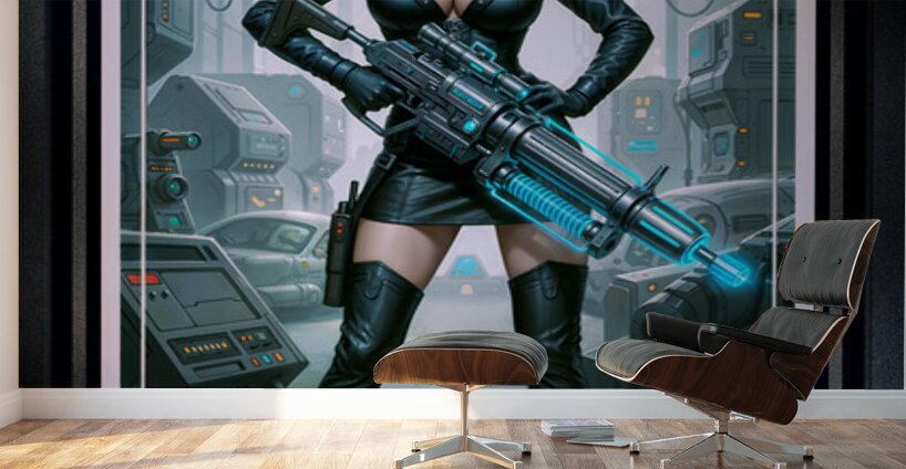 Blast-Off Betty In Cybernetic Leather Attire Striking AI Concept Art by Xzendor7 Wall Murals
