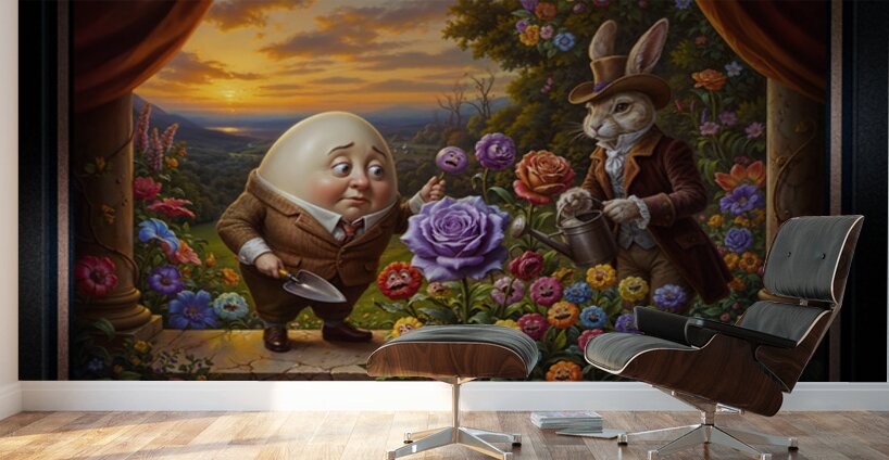 Humpty Dumpty And Peter Rabbit In A Whimsical Garden Enchanting AI Concept Art by Xzendor7 Wall Murals