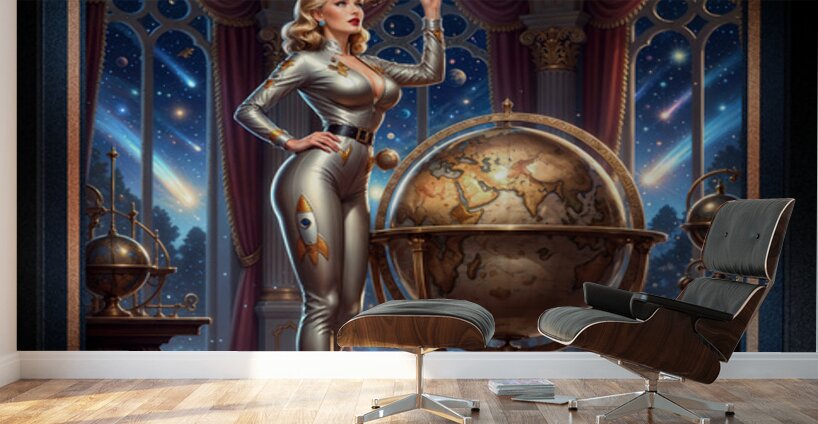 Ravina Orsini Observes Cosmic Wonders Through An Advance Brass Telescope – Limited Edition Art Print AI Concept Art by Xzendor7 Wall Murals