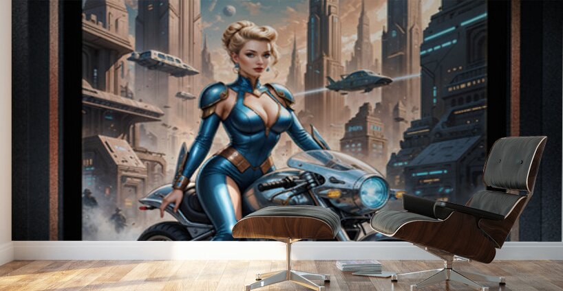 Ylara Fynra Poised On Her Jaxtor M113 In Caelum City Stunning AI Concept Art by Xzendor7 Wall Murals