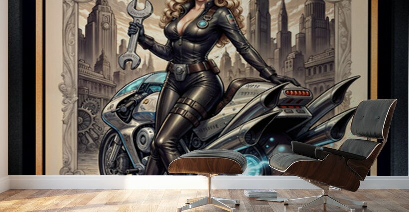 Tsylara Mimor And Her Jithera Cycle Amidst The Sprawling Rovathia Cityscape Gorgeous AI Concept Art by Xzendor7 Wall Murals