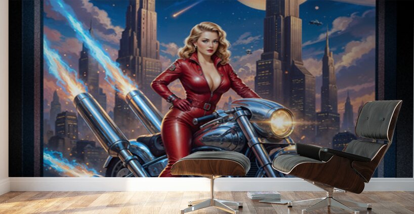 Urra Tyrlan Riding Her Deblenus Cr93721 Power Bike Portrait Gorgeous AI Concept Art by Xzendor7 Wall Murals