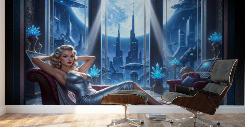 Sylva Braunen Reclining On Chaise Amidst Cosmic Cityscape Striking AI Concept Art by Xzendor7 Wall Murals