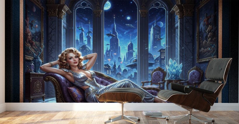 Stellara Wynthra Reclining In Celestial Gothic Chamber Captivating AI Concept Art by Xzendor7 Wall Murals