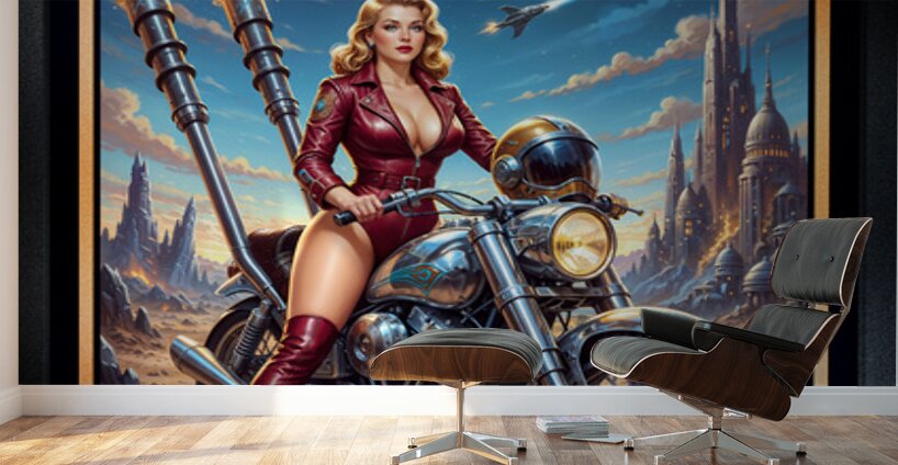 The Cosmic Rider Dyra Gylfia Riding The Valkyrion Striking AI Concept Art by Xzendor7 Wall Murals