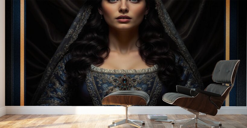 Regal Crimson Rose Blue Dress Portrait of Marina Yvandis Mesmerizing AI Concept Art by Xzendor7 Wall Murals