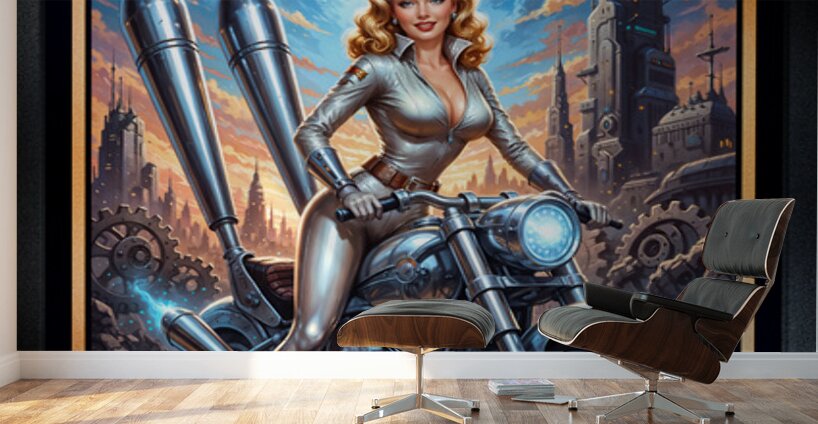Sci-Fi Pin-Up Portrait Of Ariana Rossi On Her Stellar Racer Mesmerizing AI Concept Art by Xzendor7 Wall Murals