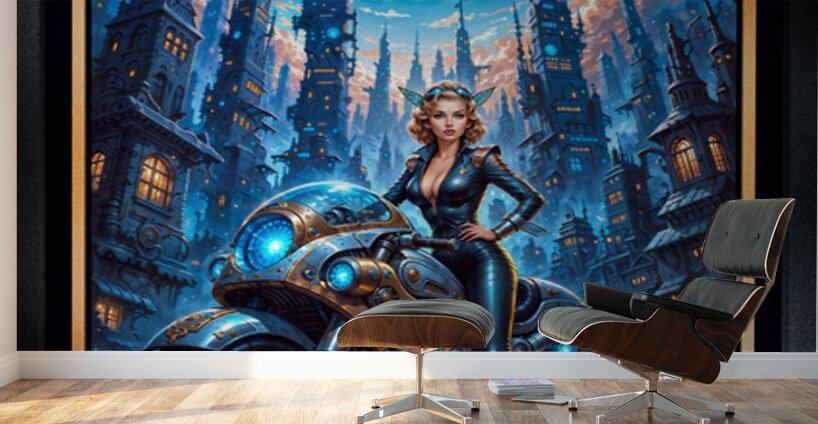 Cyber-Fantasy Portrait Of Lyria Vexis On Her Thunderclad Captivating AI Concept Art by Xzendor7 Wall Murals