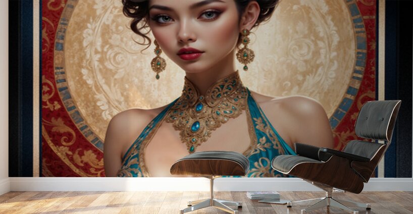 Portrait Of Liriel Voltan In A Regal Teal Satin Dress Gorgeous AI Concept Art by Xzendor7 Wall Murals