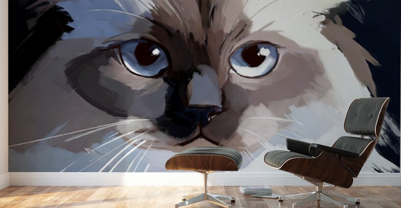 Blue-Eyed Ragdoll Cat Portrait Digital Painting Wall Murals