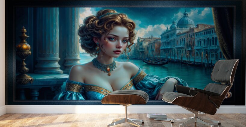 Serenissima Portrait Of Venetian Beauty Isolara Bellarosa Gorgeous AI Concept Art by Xzendor7 Wall Murals
