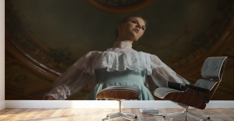 Young girl standing under a classical artwork of the cathedral ceiling Wall Murals