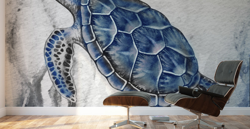 Watercolor Giant Turtle In Abstract Seaweed And Water IX Wall Murals