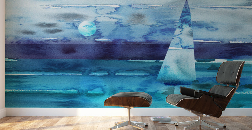 Beach House Art Sailboat At The Ocean Shore Seascape Painting V Wall Murals