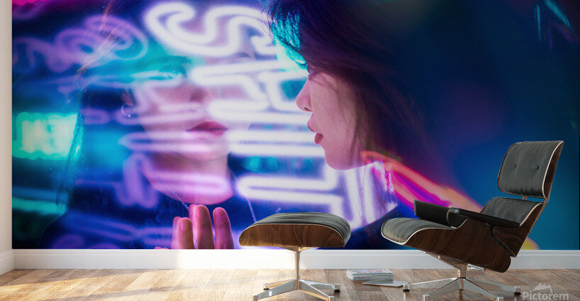 Young Chinese woman portrait with neon lights Wall Murals