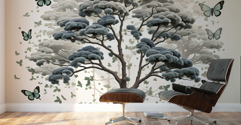 Double Exposition : Arbres et Papillons Wall Murals