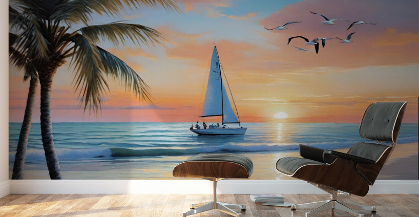 Sailboat At Sunset Wall Murals