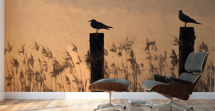 Lake Pontchartrain Seagulls Silhouette Perched on Piling Poles Wall Murals