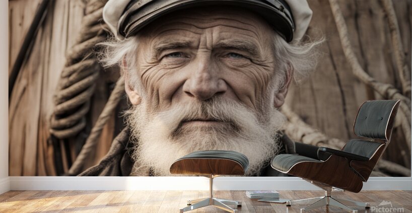 Old sailing ship captain face weathered with old wooden sailing ship in background  Wall Murals
