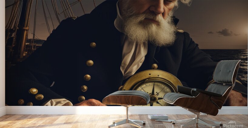 Old sailing ship captain looking at his old brass compass night time with ruff ocean behind him Wall Murals