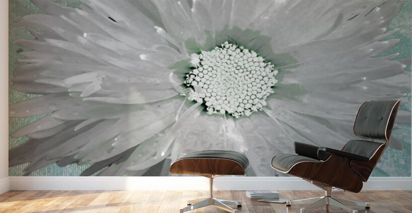 Paler Silver Turquoise Daisy on a Green Abstract Background Wall Murals